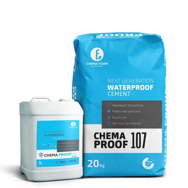 Chema Proof 107 – advanced waterproof cement by Chema Foam, 20 kg blue bag offering strong waterproof bonding, eco-friendly protection, and easy application for durable construction