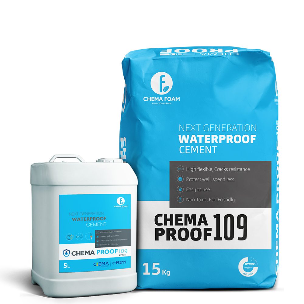 Chema Proof 109 – flexible waterproof cement by Chema Foam, 15 kg blue bag with crack resistance, eco friendly composition, and easy application for long lasting protection