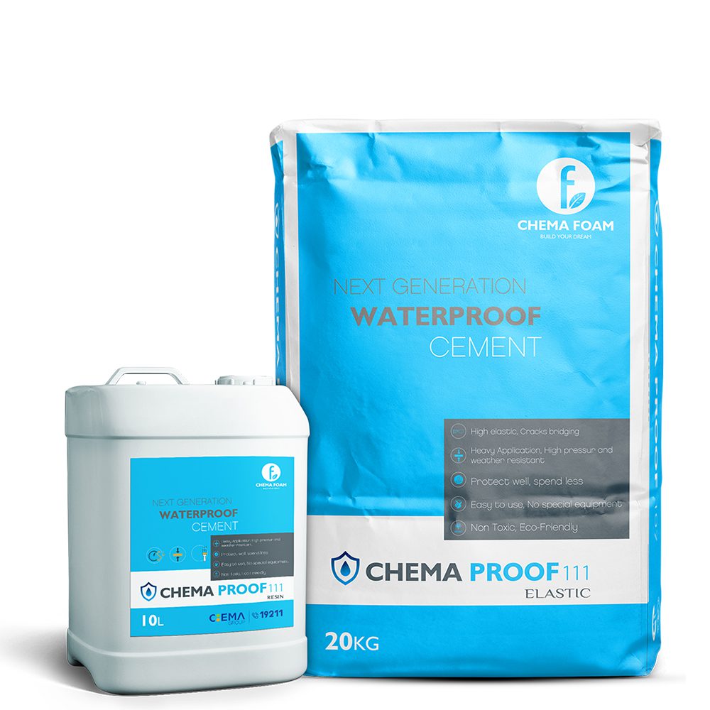 Chema Proof 111 Elastic waterproofing cement set from Chema Foam, showing a 20kg blue bag and a 10L liquid container, designed for high elasticity, crack bridging, and weather resistant waterproof applications  used for bonding, plastering, and waterproofing applications, labeled in English and Arabic 