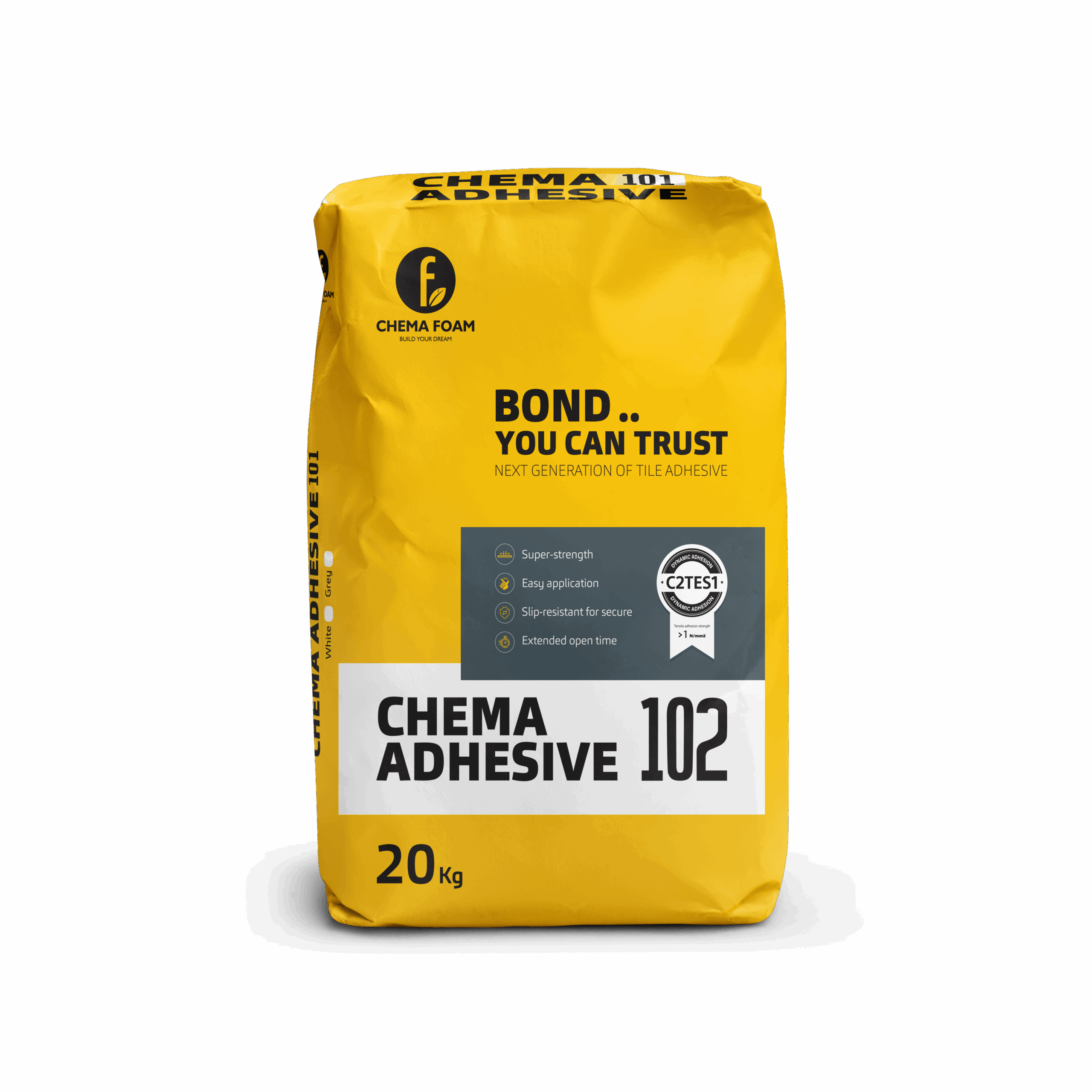 Chema Adhesive 102 – super strength tile adhesive by Chema Foam, 20 kg yellow bag offering easy application, secure slip resistance, and extended open time for tile installation