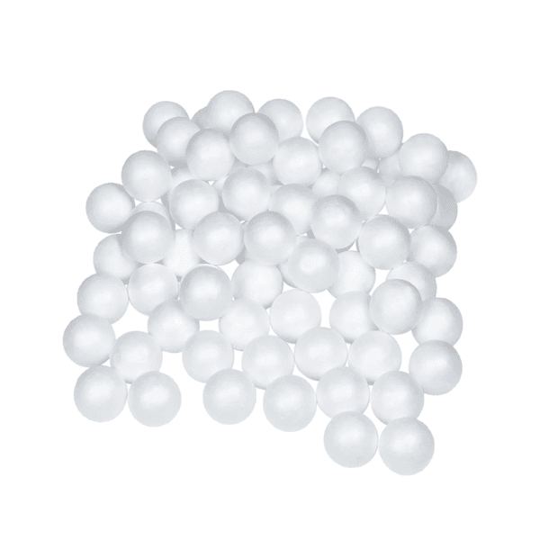 A pile of white Chema Beads from Chema Foam, small spherical foam beads used for insulation and filling applications.