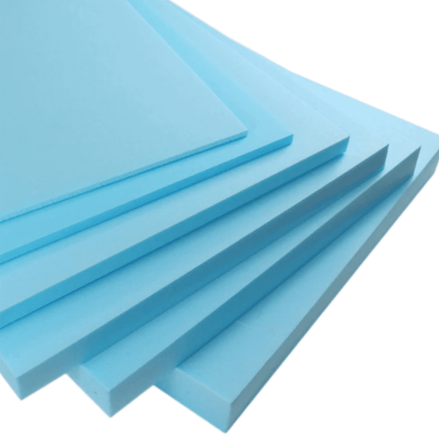 Stack of light blue Chema Blue Foam insulation boards from Chema Foam company, arranged diagonally on a white background 