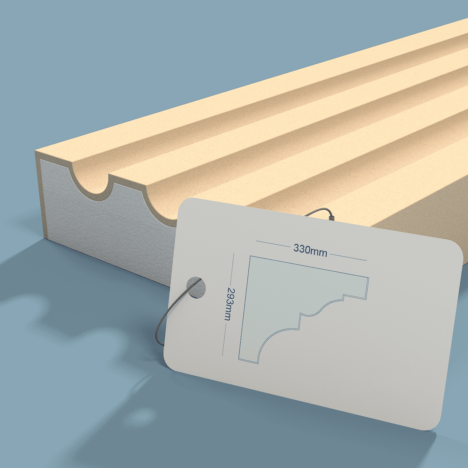 Chema Foamina decorative foam molding with a smooth beige surface and grooved design, shown with a dimension tag illustrating its 330mm by 293mm profile for architectural finishing applications 