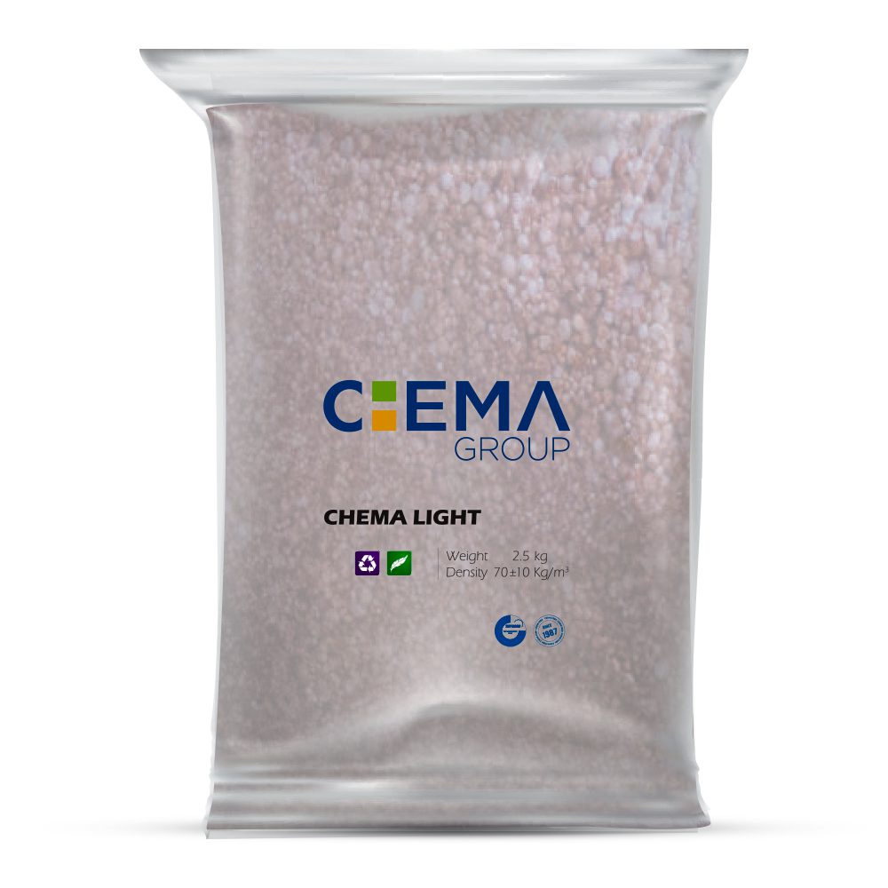 Sealed transparent plastic bag filled with pink and white granules of Chema White insulation material from Chema Foam, standing upright on a white background