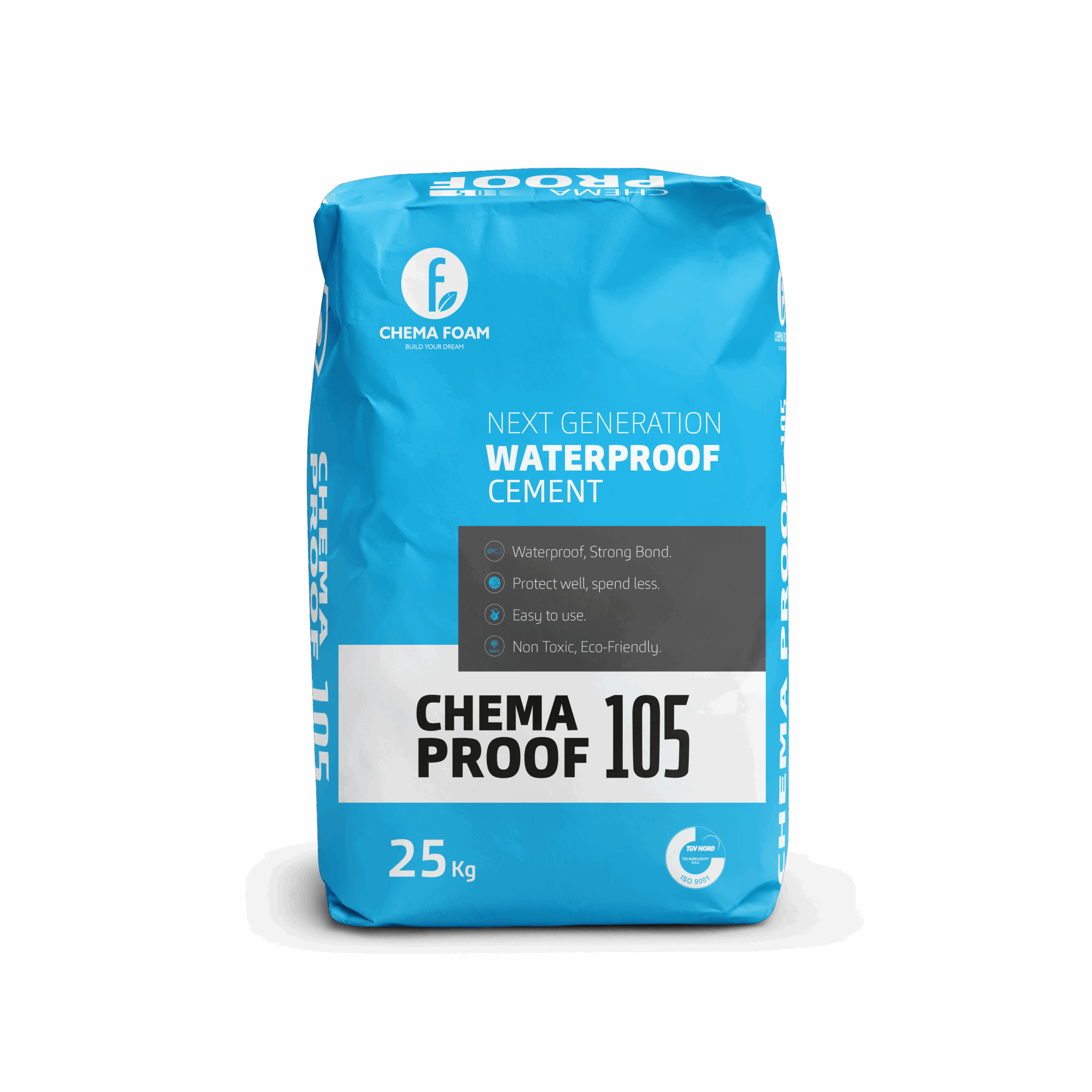 Chema Proof 105 – next generation waterproof cement by Chema Foam, 25 kg blue bag designed for strong waterproof bonding, eco friendly, easy to use, and cost effective protection