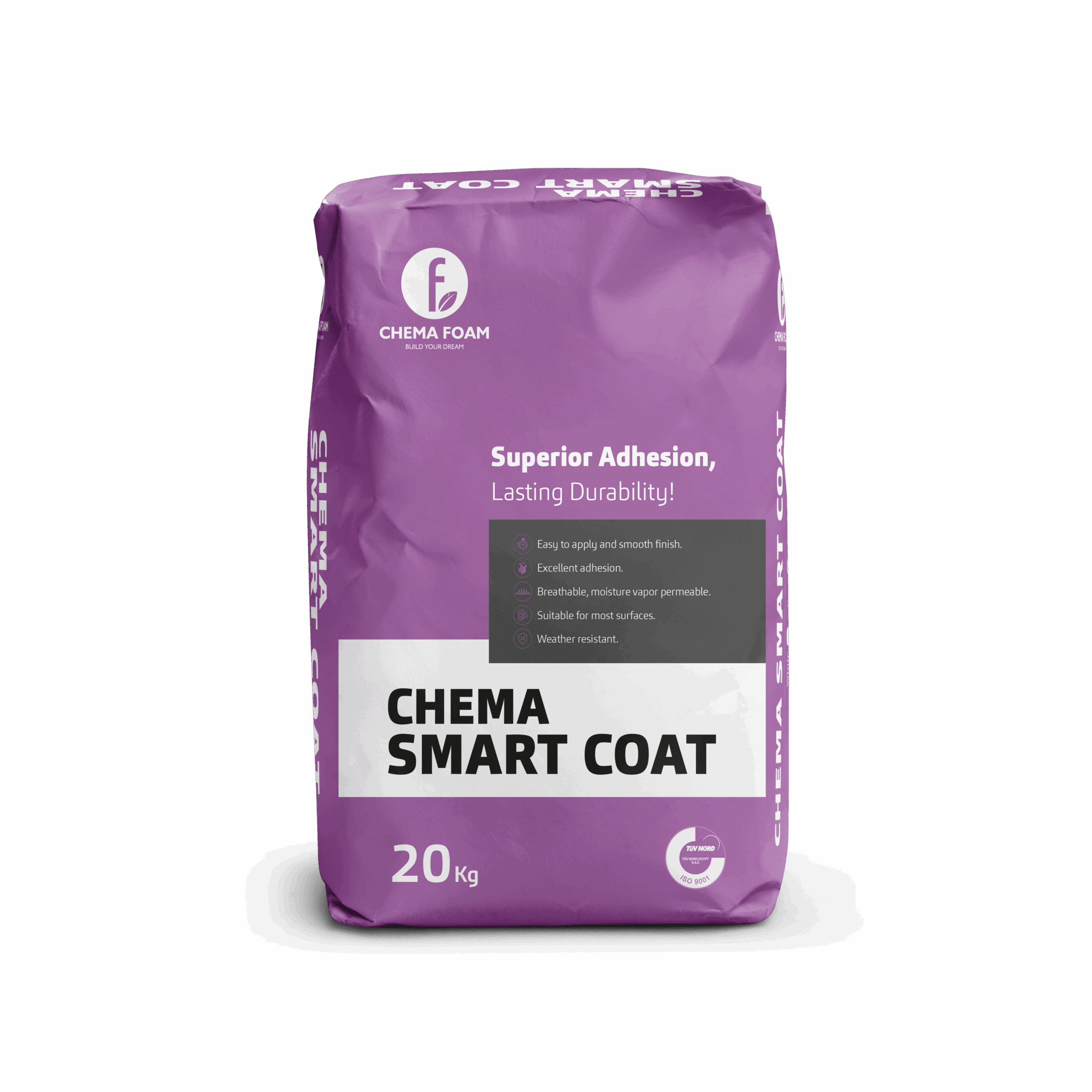 Chema Smart Coat – high performance wall coating by Chema Foam, 20 kg purple bag offering superior adhesion, smooth finish, weather resistance, and breathable durability for various surfaces