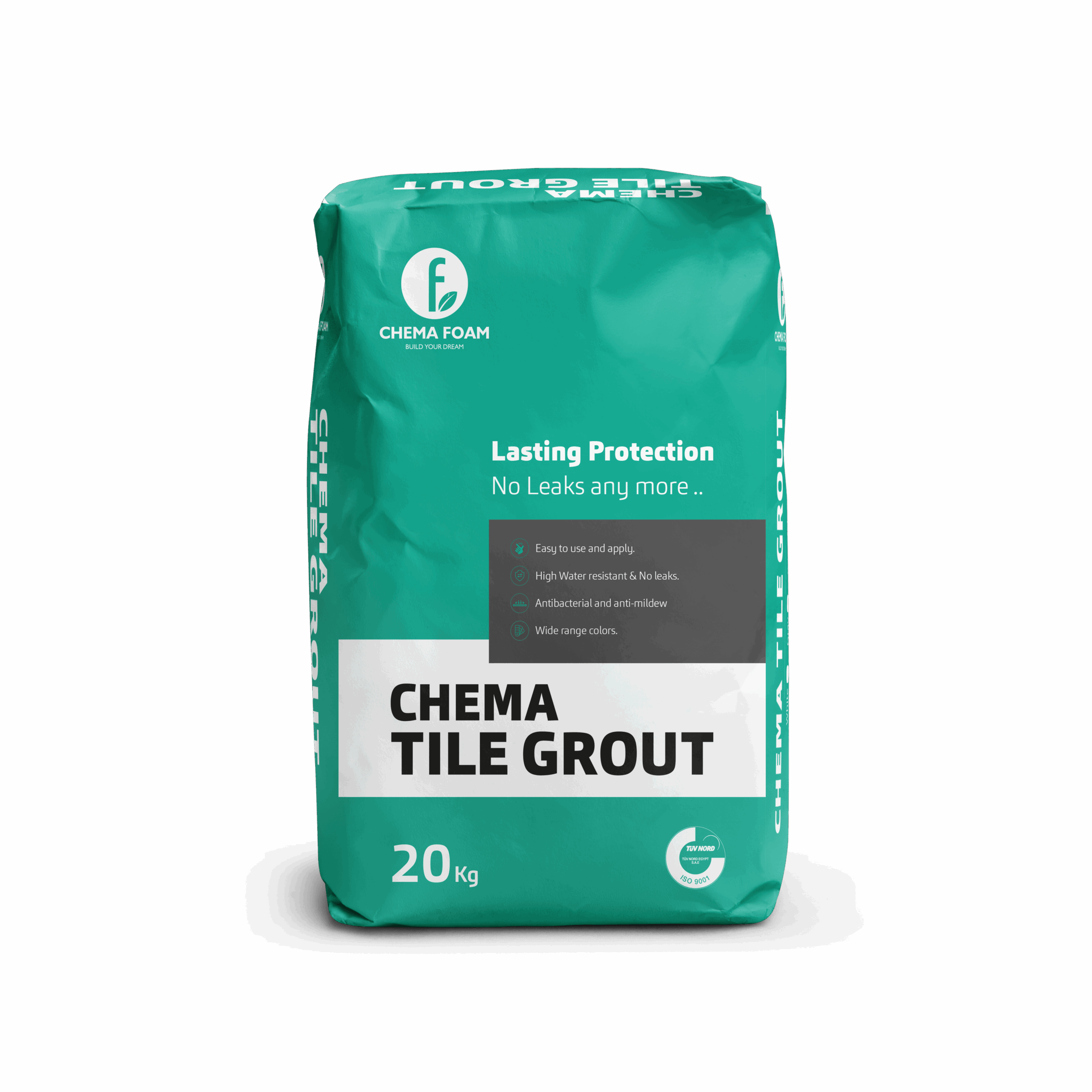 Chema Tile Grout – waterproof tile grout by Chema Foam, 20 kg green bag providing high water resistance, antibacterial protection, and smooth application in multiple color options