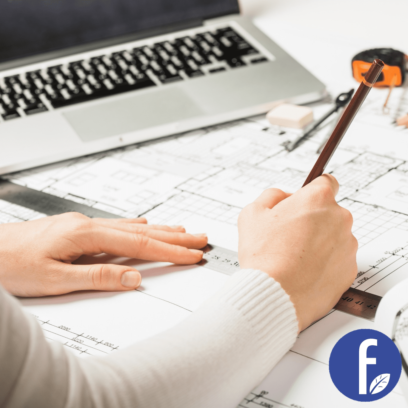 Architect working on technical drawings and measurements at a desk, representing Chema Foam’s design services, shown with the company logo 