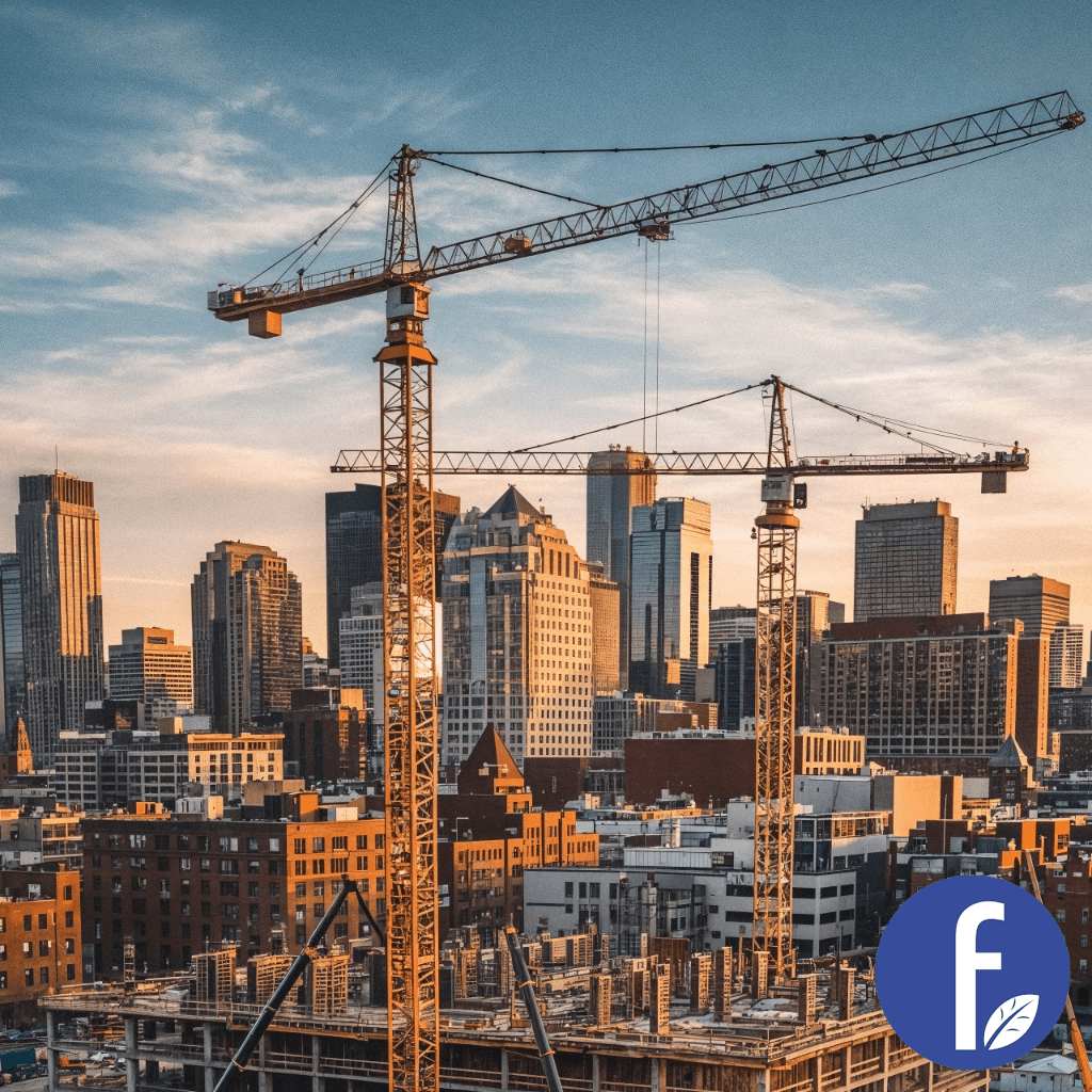 Construction site with cranes and city skyline representing Chema Foam’s construction services, shown with the company logo 