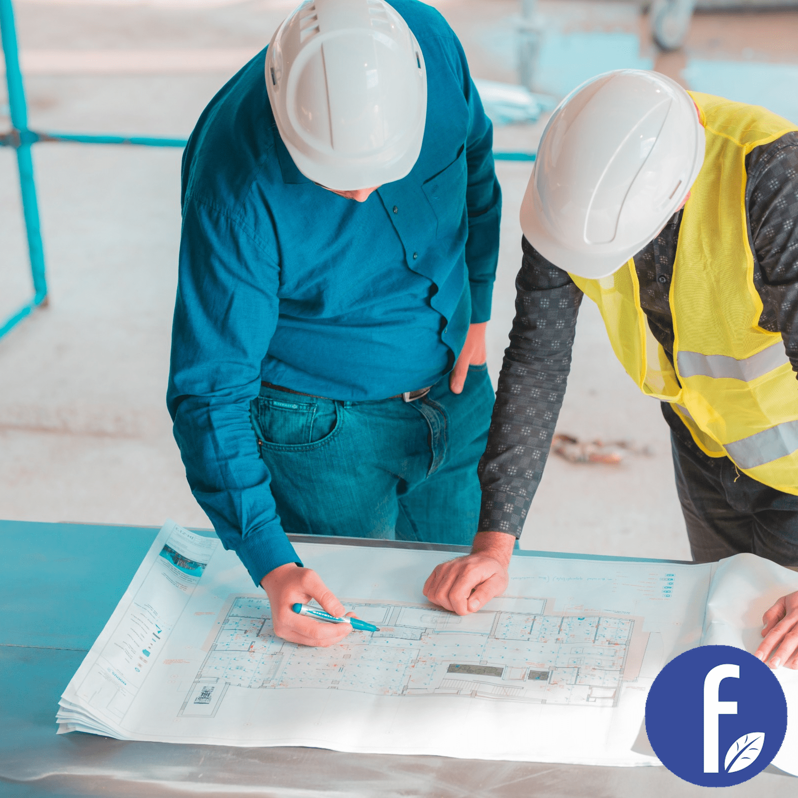 Engineers reviewing construction blueprints on site, representing Chema Foam’s project and execution services, shown with the company logo 